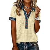 Denim Collar Pullover Sweaters for Women Casual Short Sleeve Waffle Knit Henley Tops Oversized Button Loose Fit Shirts