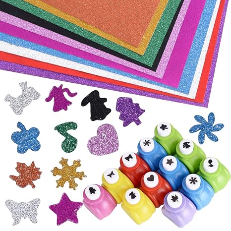 12* Motivstanzer + 10* Glitzerfolie Selbstklebend Papier Stanzer Glitzer Klebefolie Weihnachten Papierstanzer Motivlocher Glä