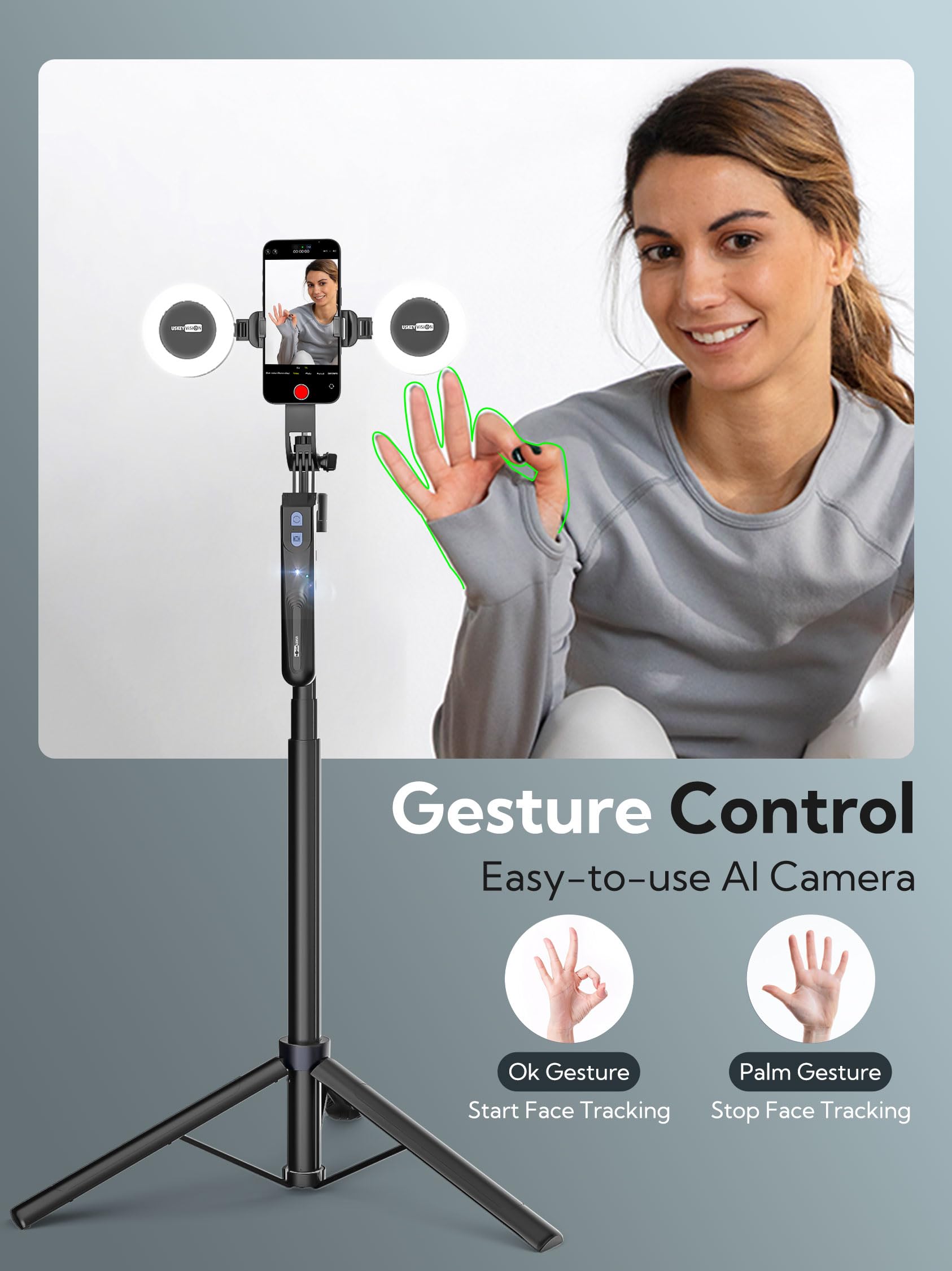 USKEYVISION Auto Face Tracking Tripod 360 Rotation,Phone Tripod for iPhone w/Fill Light,Selfie Stick for iPhone w/Remote Control,70” Phone Holder Video Recording for Content Creators TikTok(UTK-02)