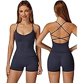 ABOCIW Workout Sets for Women Criss Cross Tank Top Crossover Waist Biker Shorts with Pockets 2 Piece Gym Yoga Outfits