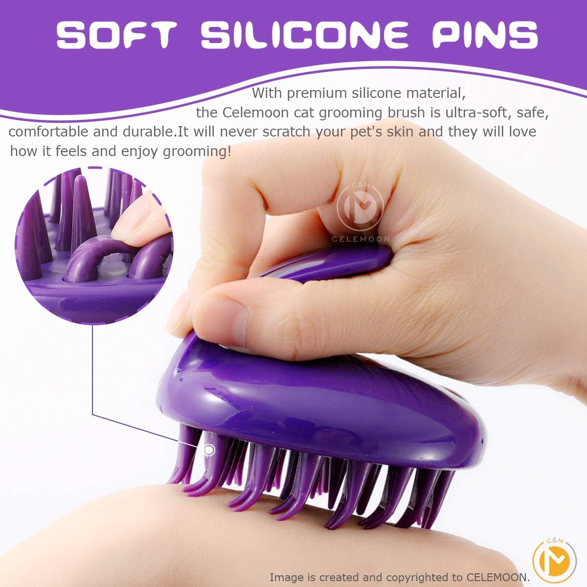 CeleMoon [Soft Silicone Pins] Silicone Washable Cat Grooming Shedding Tool/Massage Brush for Long and Short Hair, Reduce Shedding by 90% - No Scratching Any More & Fits Your Hands So Well - Purple : Pet Supplies