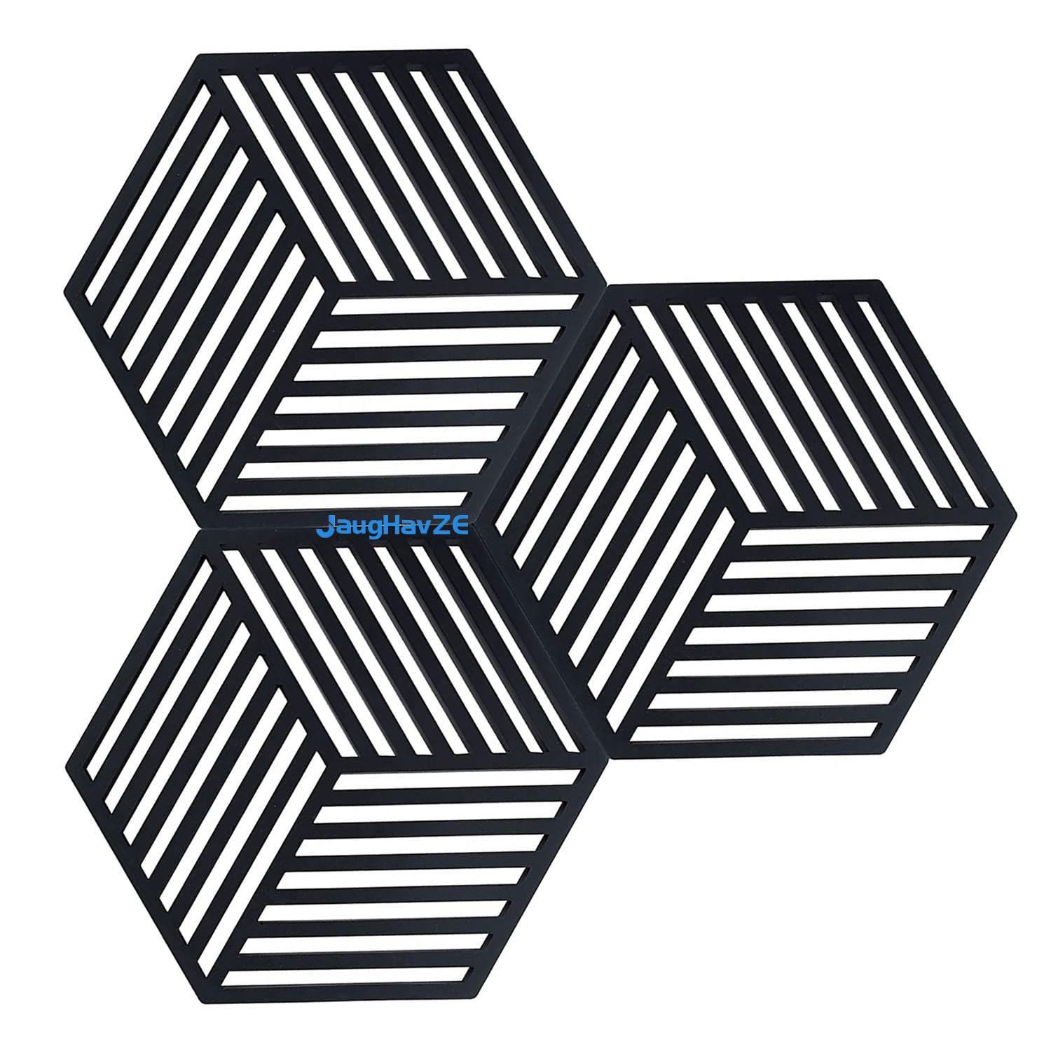 Silicone Trivets for Kitchen, Heat Resistant Table Mats, Pot Holders, Spoon Rests for Cooking, Dining, Black Non-Slip Coasters, Hexagon-Stripe
