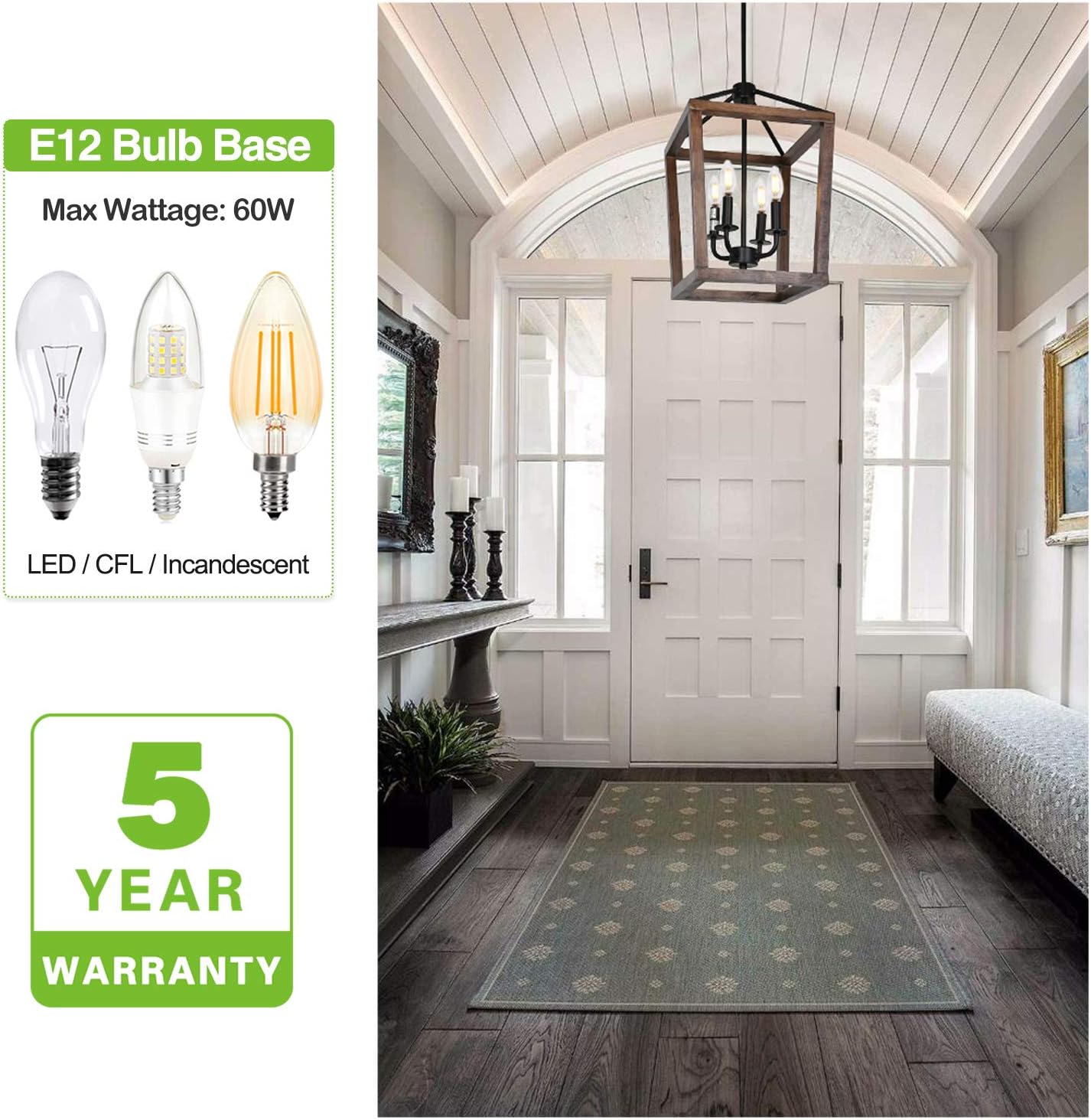 4-Light Rustic Chandelier, Adjustable Height Lantern Pendant Light with Oak Wood and Iron Finish, Farmhouse Lighting Fixtures for Dining Room, Kitchen, Hallway and Entryway, ETL Listed - - 