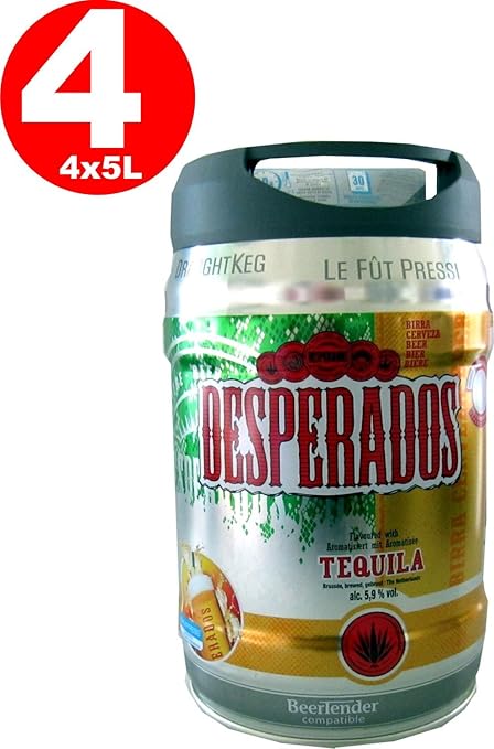 4 x Desperados Bier mit Tequila Partyfass 5 Liter Fass inkl. Zapfhahn 5,9% vol.