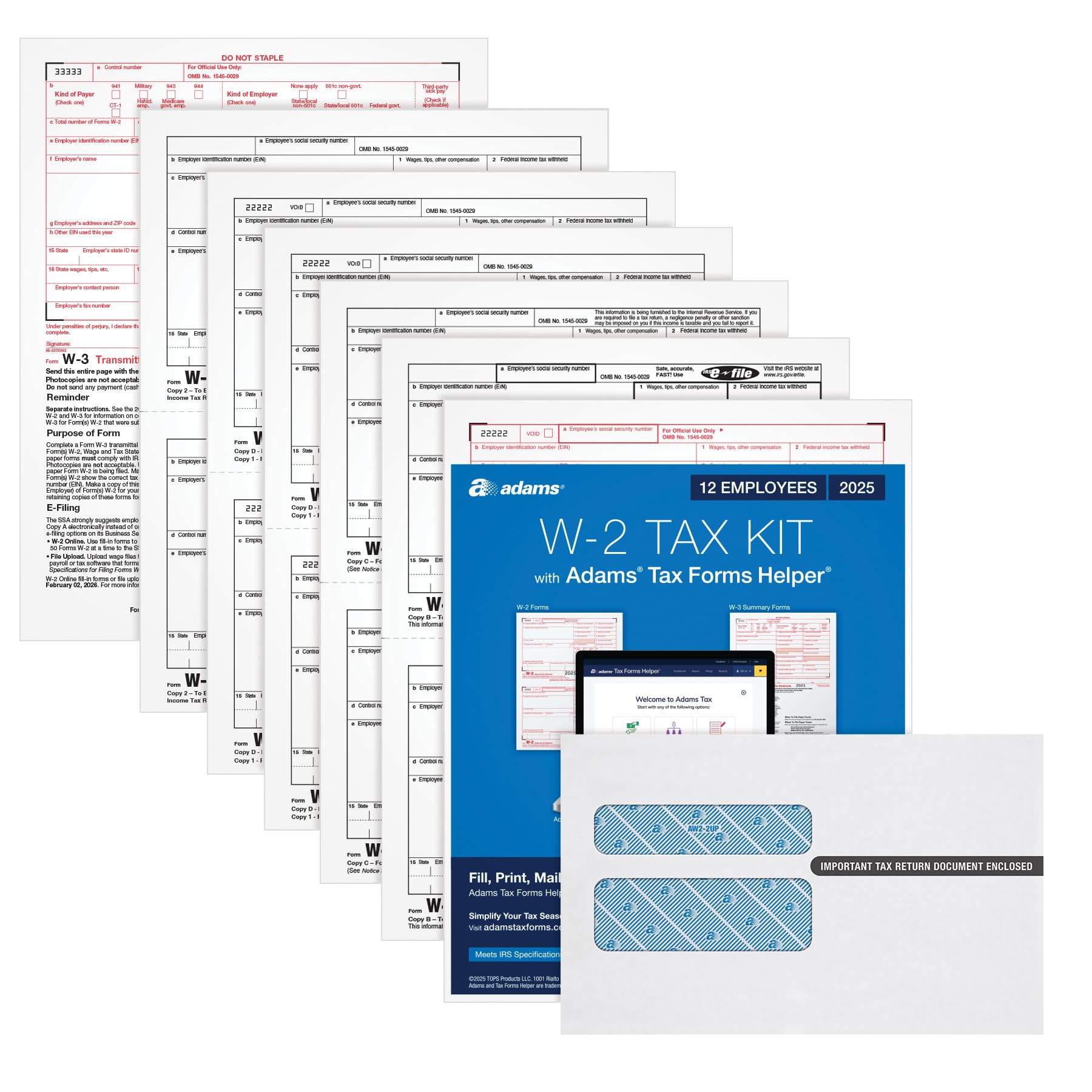 Photo 1 of Adams W-2 Forms 2025, 6-Part Kit for 12 Recipients, Includes 12 Envelopes, 3 W-3 Forms, QuickBooks Compatible, eFile Access and Printing Through Adams Tax Forms Helper Software (1017237)