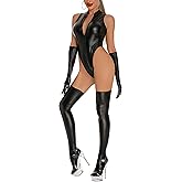 Panegy Women Leather Bodysuit Shiny Bodycon Leotard Jumpsuit for Club Party Cosplay