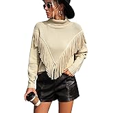 yoeasy Women's Fringe Trim Turtleneck Long Seeve Sweater Knit Loose Pullover Sweater
