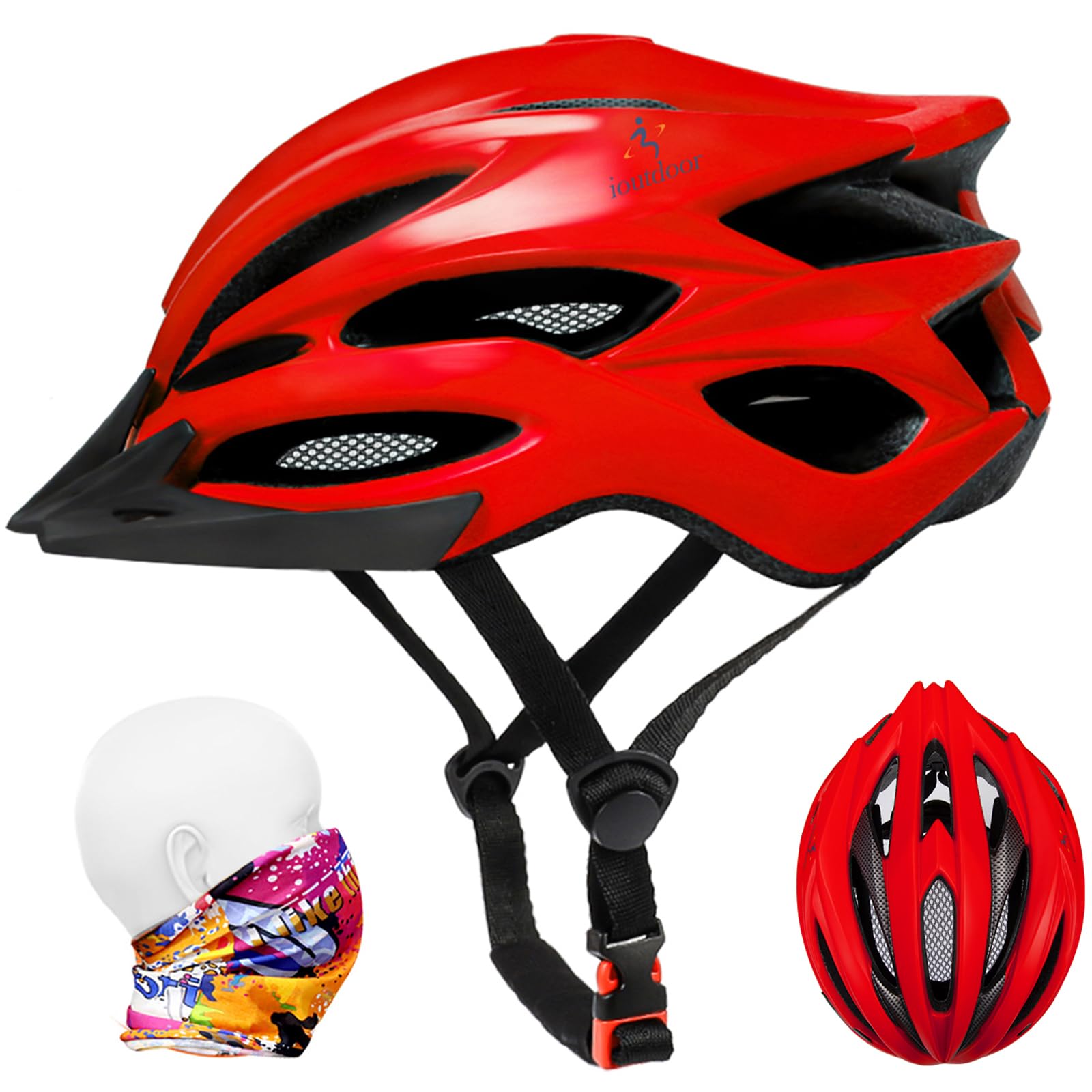 ioutdoor Bike Helmet Men Ladies 56-62cm, Insect Net & Detachable Visor 22 Vents, Lightweight Bicycle Helmet for Adult Teenagers Girls Boys (Red)
