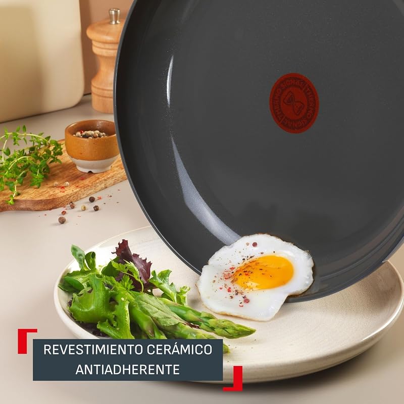 Cera Color On - Juego de 3 sartenes de 20/24/28 cm + Cazo con tapa de 16 cm + Olla con tapa de 24 cm, Revestimiento cerámico antiadherente de aluminio, 100% reciclado, Thermo-Signal