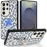 Jefonha Magnetic for Samsung Galaxy S25 Ultra Case with Finger Strap Stand, Compatible with Magsafe, Trendy Leopard Cheetah Phone Case for Women Men Slim Shockproof Cover for S25 Ultra, White Leopard