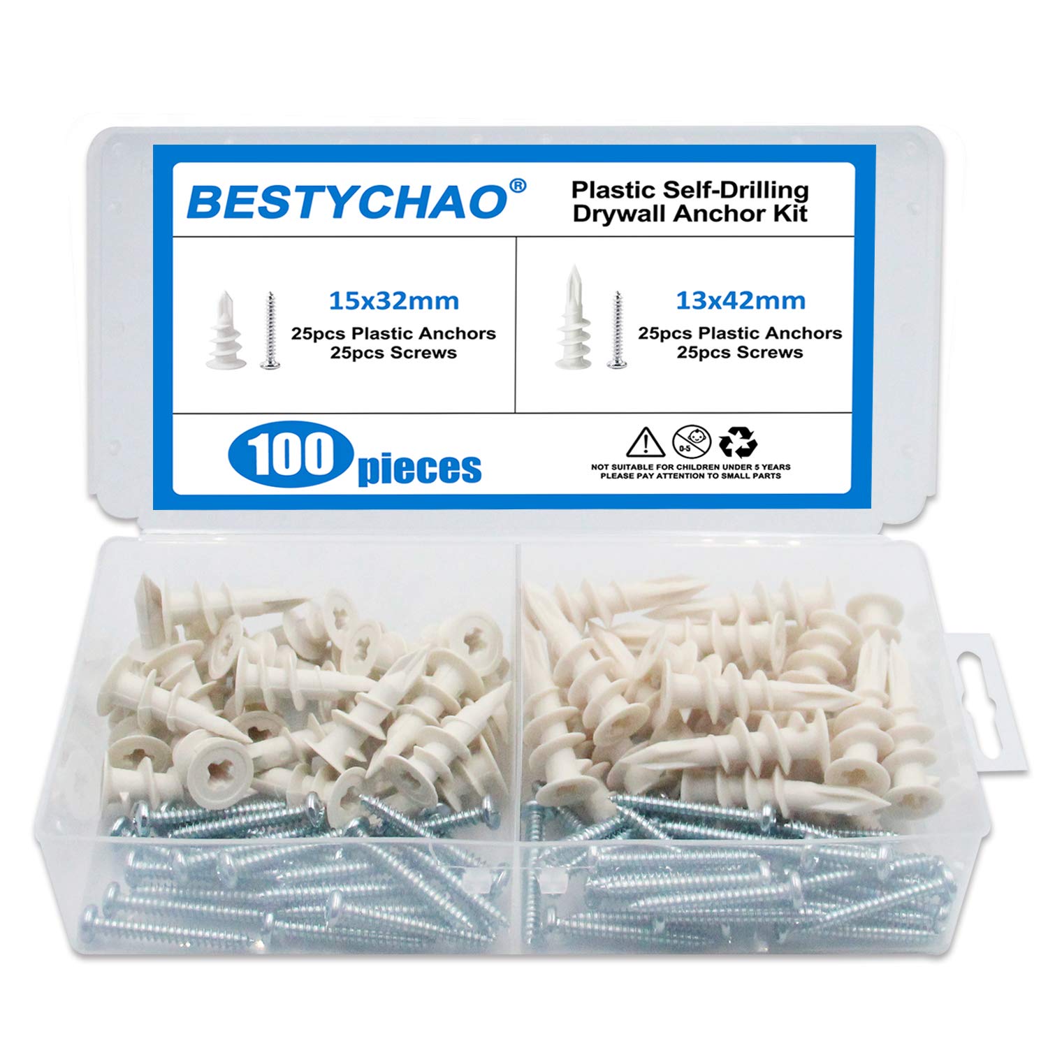 BESTYCHAO 100pcs 2 Sizes Plastic Drywall Anchors Self Drilling Hollow Wall Anchors with Screws Assortment Kit- White
