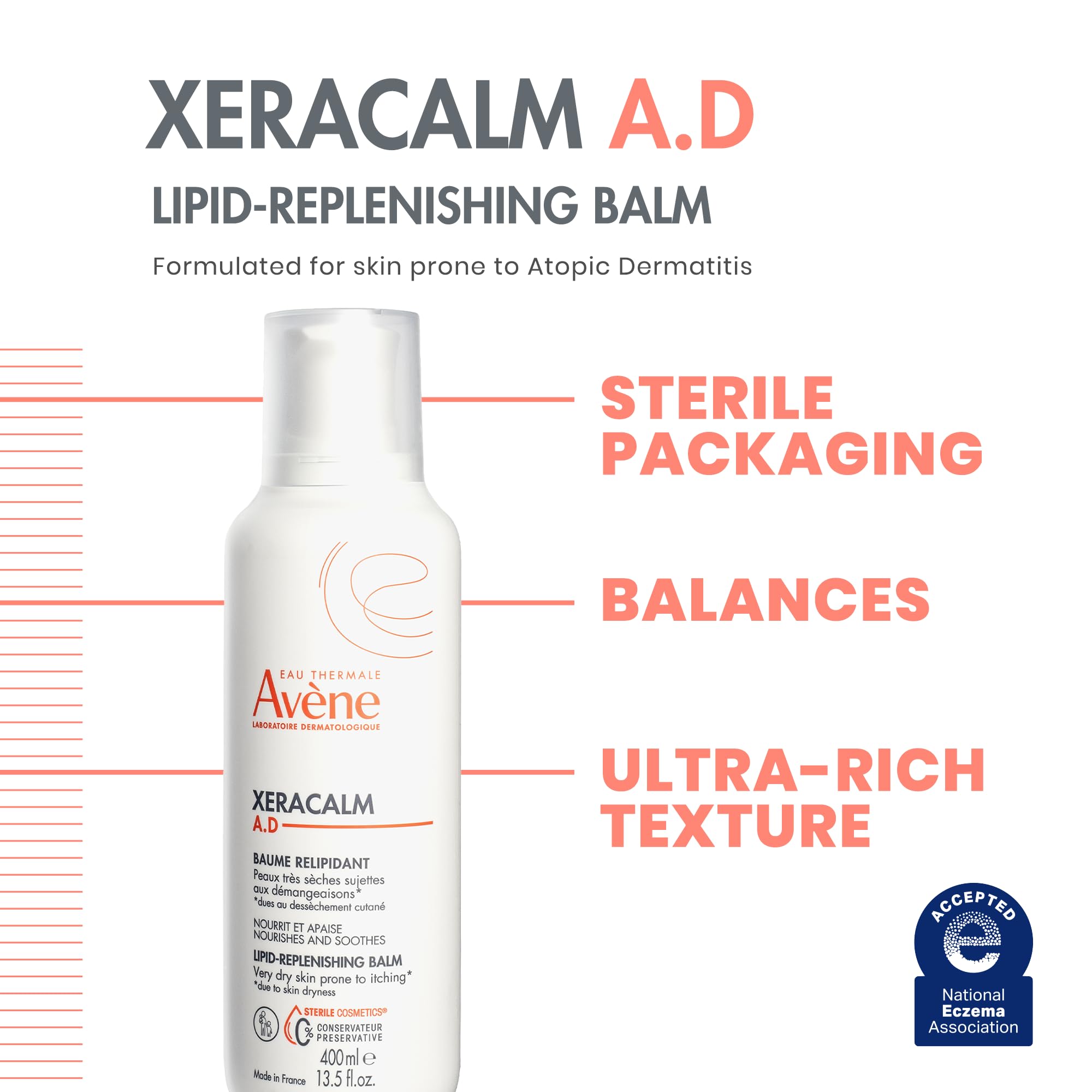 Avène XeraCalm A.D Lipid-Replenishing Balm, Atopic Dermatitis, Eczema-Prone Skin, For dry, itchy Skin, Restore Skin Barrier, Infants, Children & Adults, No Preservatives, Fragrance-Free 6.7 Oz.