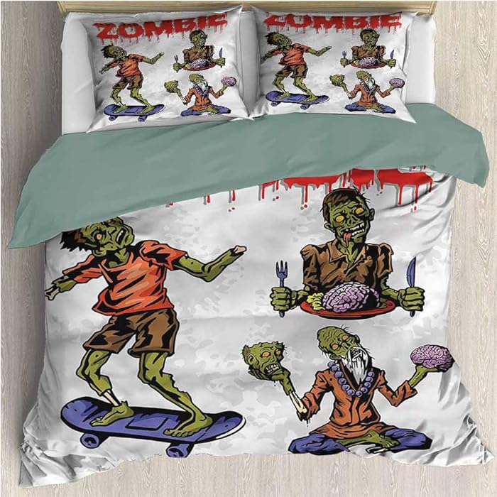 HELLOLEON Zombie 3-Pack (1 Duvet Cover and 2 Pillowcases) Bedding Man Eating Brain Polyester (Full)