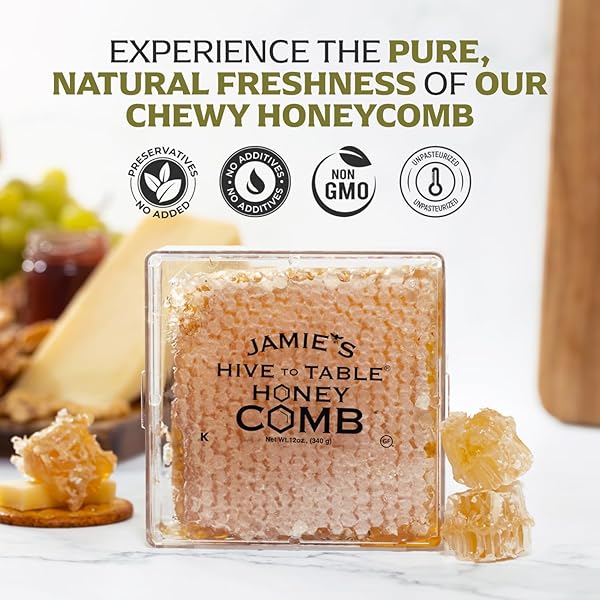 JAMIE’S HIVE TO TABLE 100% RAW HONEYCOMB, 12 OZ – ALL-NATURAL PURE GEORGIA HONEYCOMB, NO ADDITIVES OR PRESERVATIVES, NON-GMO
