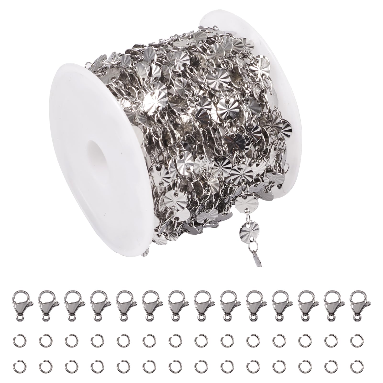 Bestewelry 5m Stainless Steel Chain for Jewellery Making Flat Round Link Chains Necklace Chain with Jump Rings Lobster Claw Clasps for DIY Necklace Bracelet Earring Jewelry Making