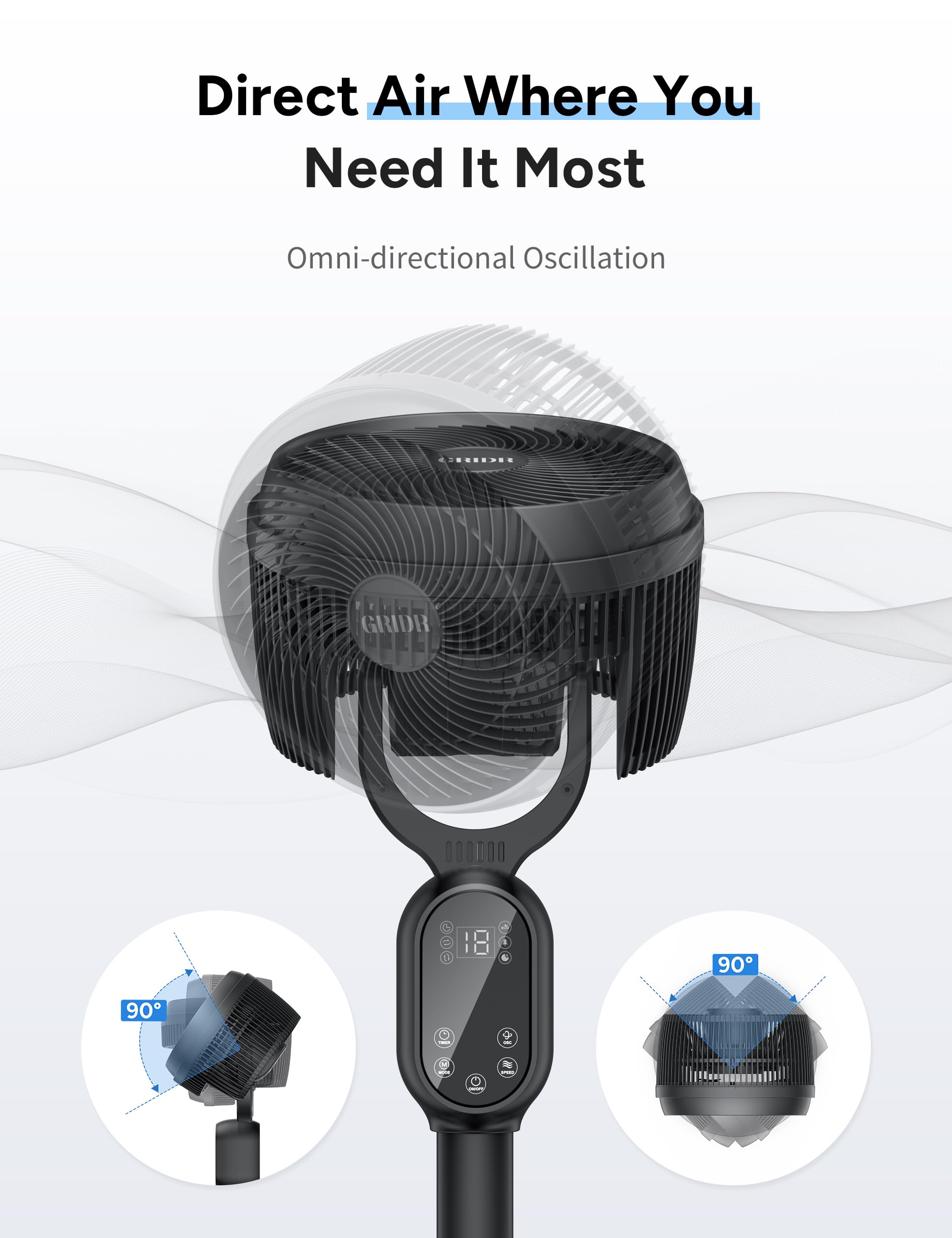 GRIDR Fan For Bedroom, Pedestal Fans 90°+90° Smart Oscillating, Standing Fans for Home 12 Speeds, 4 modes, Quiet Floor Fan with DC Motor 20dB, 12H Timer, 90ft for Room, 22-35'' Adjustable Height-Black