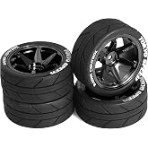 Chanjorlin 1/10 On Road Tires and Aluminum Wheels 12mm Hex RC Rally Racing Tyres OD 2.56" for Tamiya TT01 TT02 XV01 TA06 A959 PTG2 HPI KYOSHO PTG2 Traxxas 1:10 Street Touring Drift Car 4PCS (Black)
