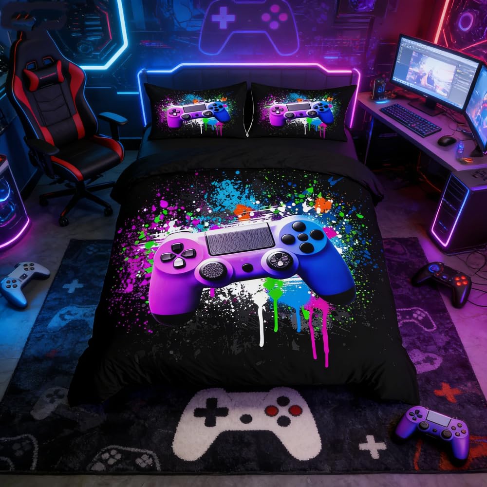 Gaming Bedding Set Colorful Tie dye Comforter Cover,Gamepad Duvet Cover for Boys,Video Games King Bedding Gamer Console Action Buttons Bed Cover Teens Kids Bedroom Decor 3 Pcs Bed Collection