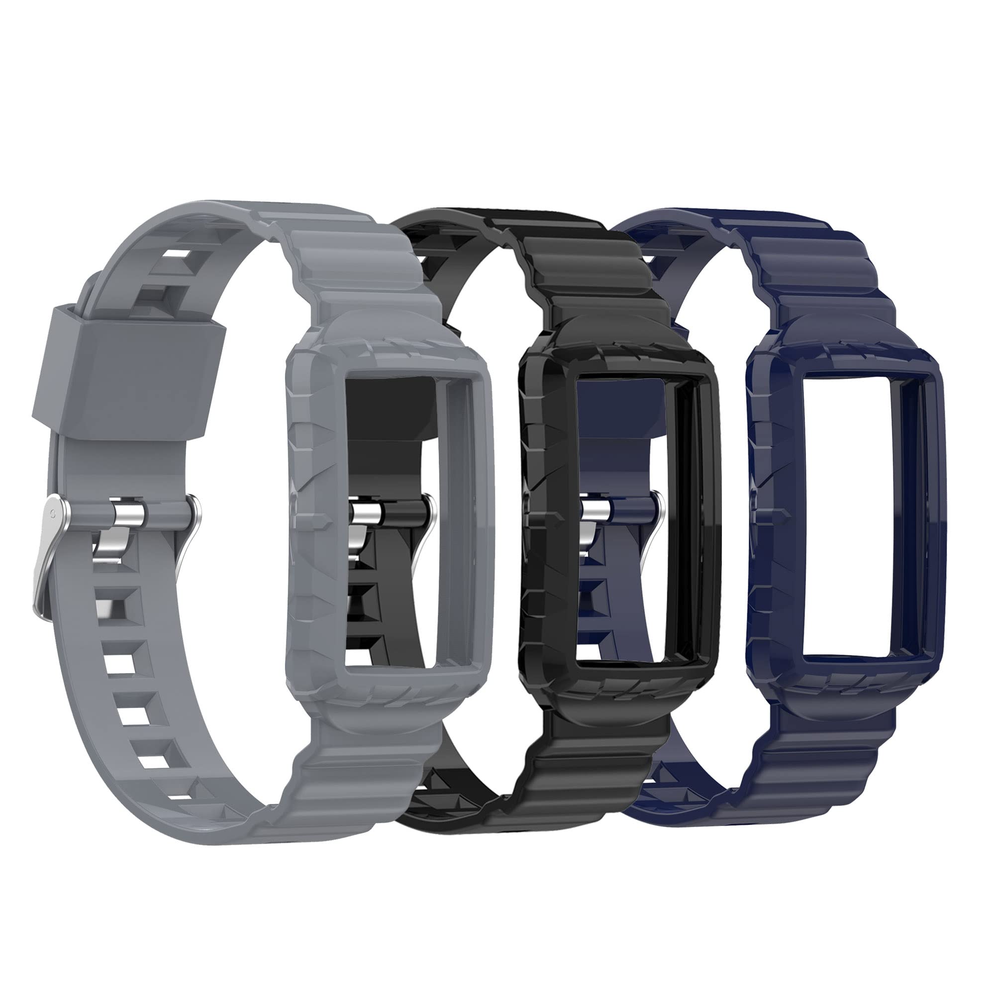 Chofit (3 Pack Straps Compatible with Fitbit Charge 6/Charge 5/Charge 4/Charge 3 Strap, Replacement Wristband Rugged Band with Bumper Case Protective Cover for Charge 6 (3C)