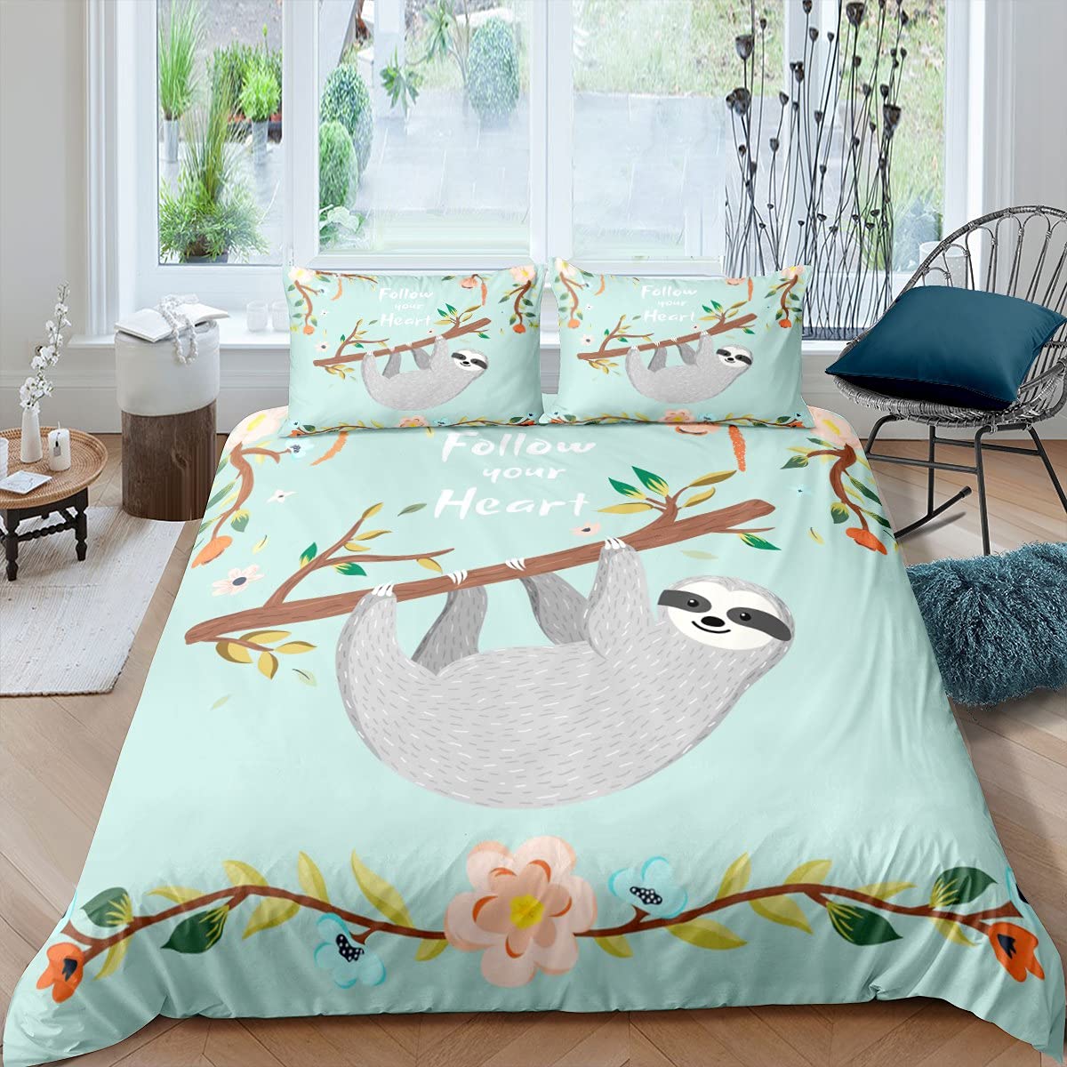 Loussiesd Cute Sloth Print Bedding Double Kids Bedding Set For Girls Boys Women Sloth Animal Duvet Cover Set Tropical Plants Petals Branches Pattern Beds Set Of 2 Pillowcase