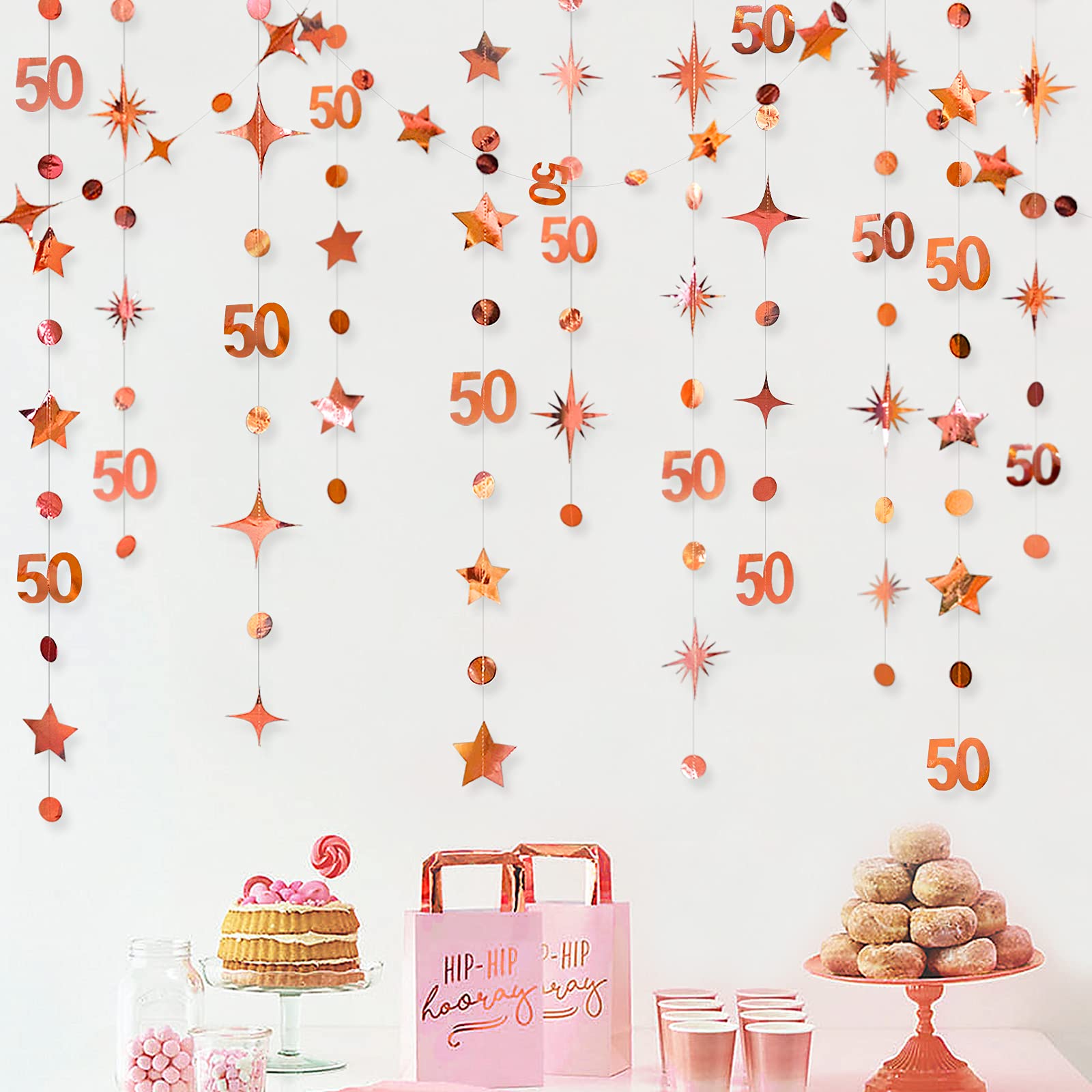 Rose Gold 50th Birthday Decorations Number 50 Circle Dots Twinkle Star Garland Metallic Hanging Garland Banner Backdrop for 50 Years Old Birthday Happy 50th Anniversary