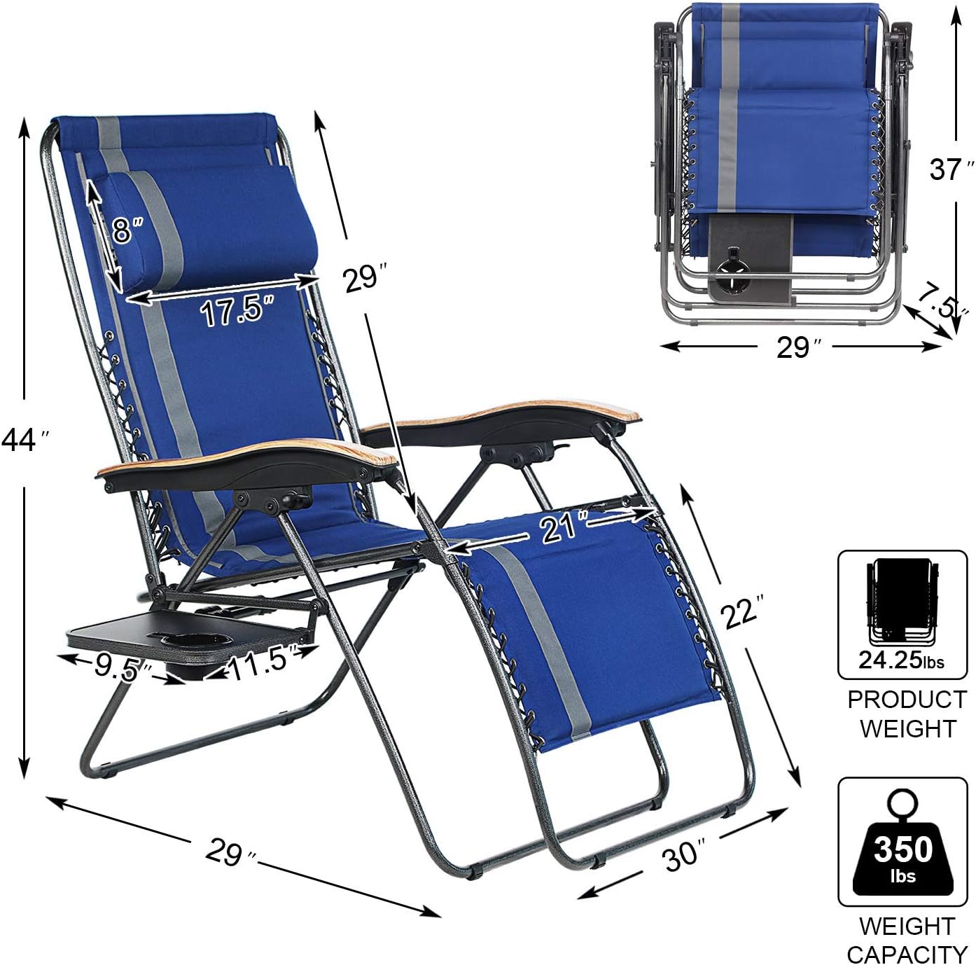 PORTAL Oversized Padded Zero Gravity Chair, XL Seat Adjustable Patio Lounge Recliner Chair with Lumbar Support Pillow and Side Table Support 350lbs: Kitchen & Dining
