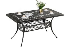 DWVO Cast Aluminum Outdoor Dining Table, 59'' Patio Table w/Max Bearing 220 LBS, Patio Dining Table with 2" Umbrella Hole and Adjustable Foot Pads for Garden, Backyard, Deck and Patio, Bronze