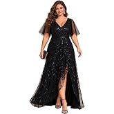 Ever-Pretty Women's Sequin High Low Plus Size Formal Dresses Evening Gown | V-Neck, Short Sleeve, A-Line, Fall Winter, Plus Size Mother of Bride Dresses, Plus Size Evening Dress