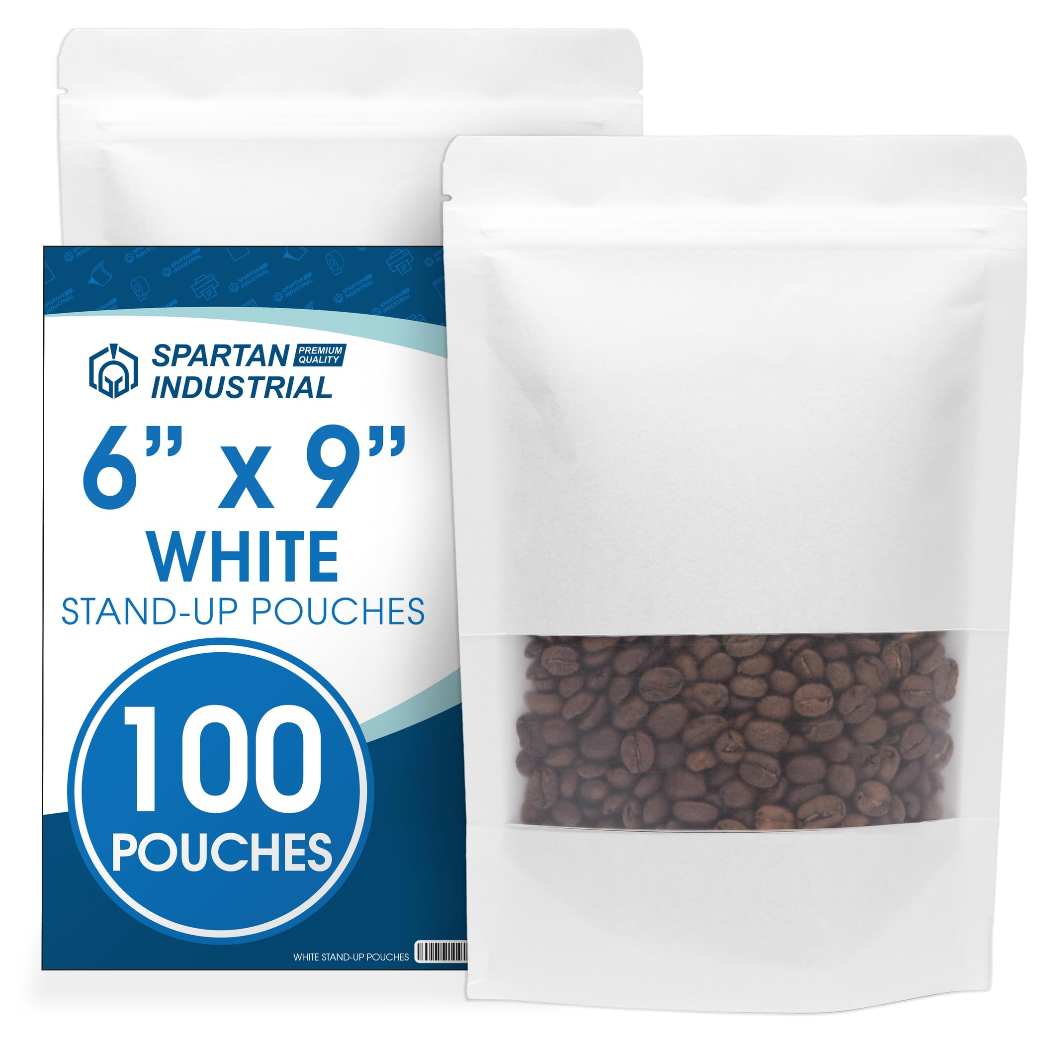 Photo 1 of Spartan Industrial - 6" X 9" White Zip Top Food Bags - Pack of 100 Resealable Smell-Proof Pouches for Packaging Coffee, Tea, Spices, Snacks, and More