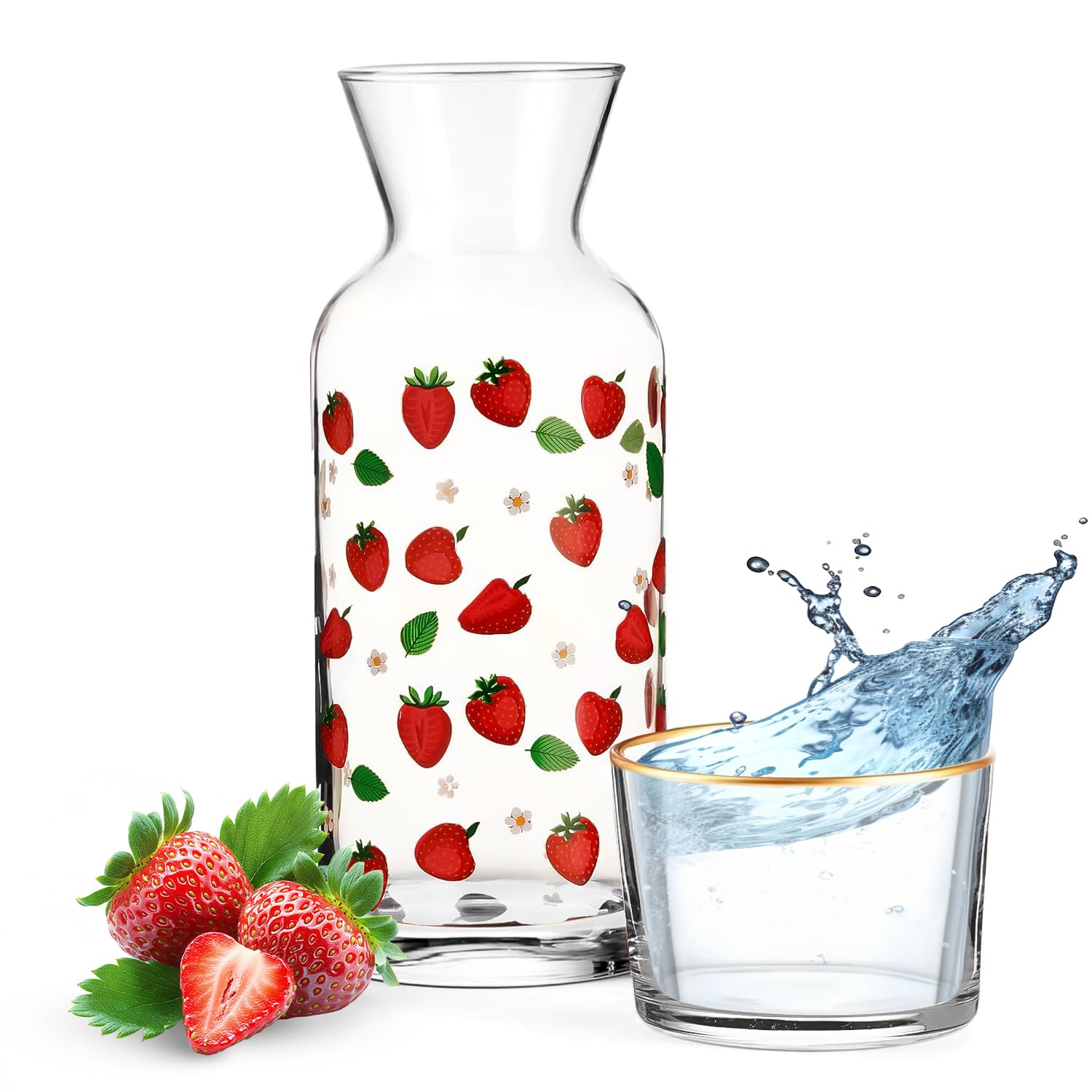 Wrenbury Strawberries Bedside Water Carafe with Glass Set - 700ml Mouthwash Decanter with Cup - Perfect for Nightstand or Bathroom - Strawberry Gifts