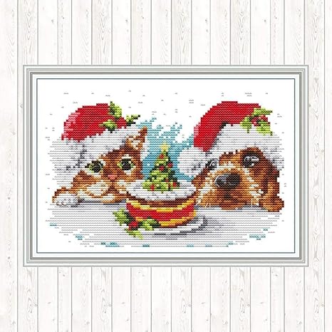 Amazon Co Jp 大人のクロスステッチキットクリスマス猫と犬のケーキ40x50cm11ct 番号別 刺繡キット手作り針仕事キットdiy初心者手作りスターターキット ホーム キッチン