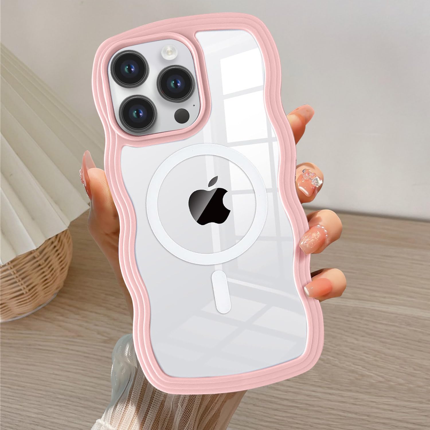QLTYPRI Magnetic for iPhone 13 Pro Case Compatible with Magsafe, Cute Curly Wave Frame Clear Case for Girls Women, Transparent TPU Bumper Shockproof Protective Phone Case Cover for iPhone 13 Pro-Pink — image 1