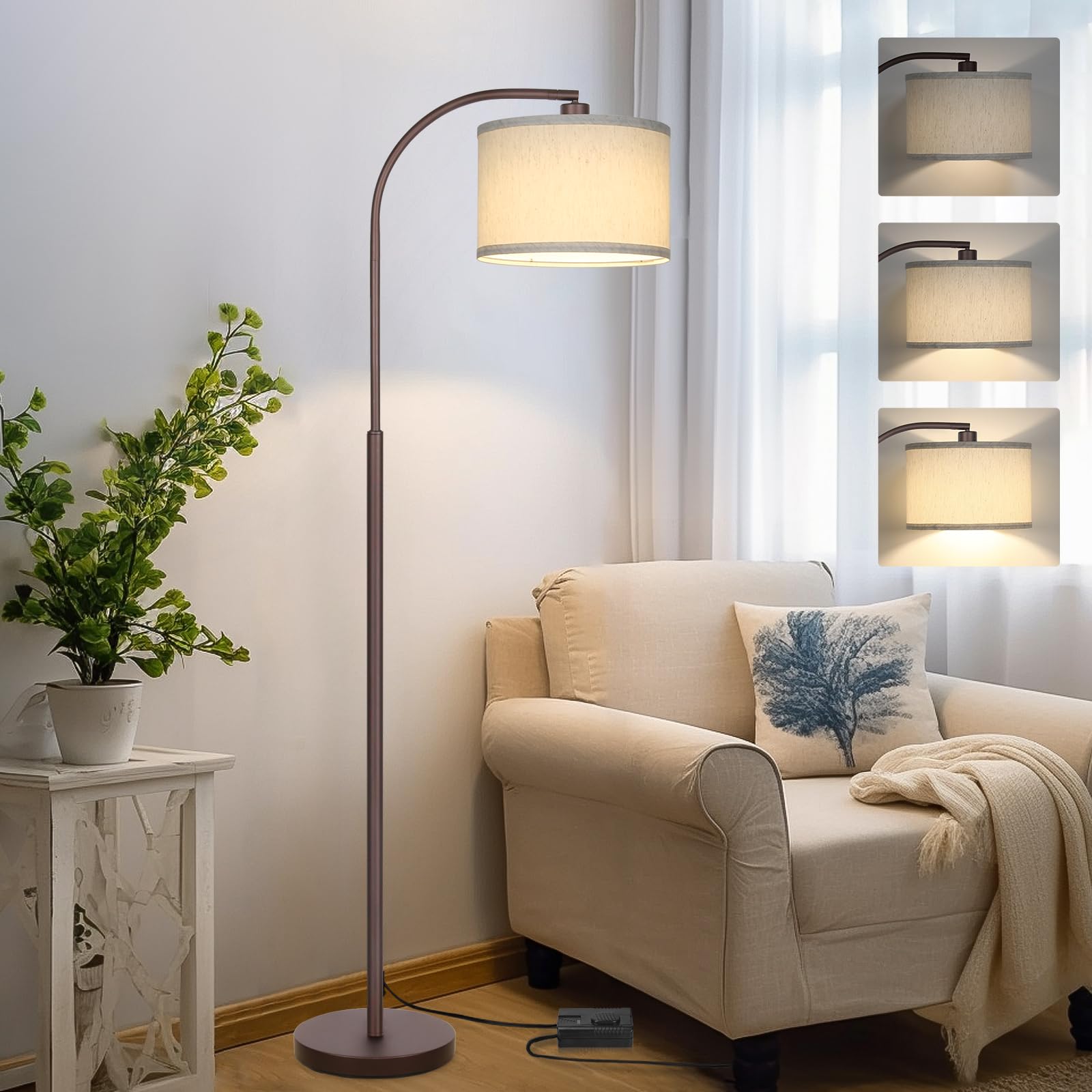 Boncoo Dimmable Floor Lamp, Standing Lamp with Stepless Dimmer, Brown Floor Lamp with Adjustable Linen Beige Shade for Living Room Study Room Office, 9W 3000K Bulb Included Image