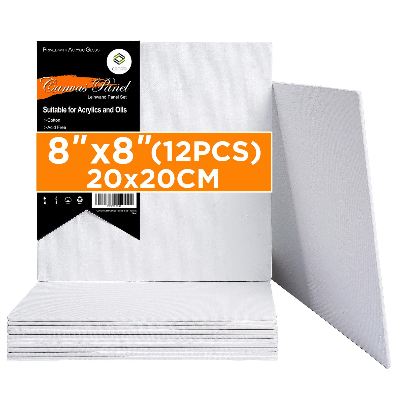 CONDA Canvas Board for Painting, 8 x 8 inch, 12 Pack, Canvas Panels, Primed White Blank Canvases for Painting, 100% Cotton Art Canvas for Acrylic Oil Watercolor Tempera Paints