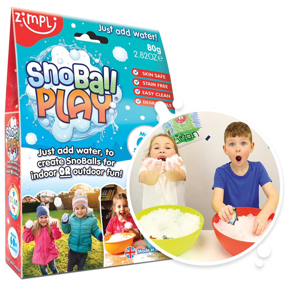 ZIMPLI - Snoball Play 4 Use, Just Add Water To Instantly Make Fake Snow, Outdoor Snowball Fights or Indoor Sensory Play, Stocking Fillers