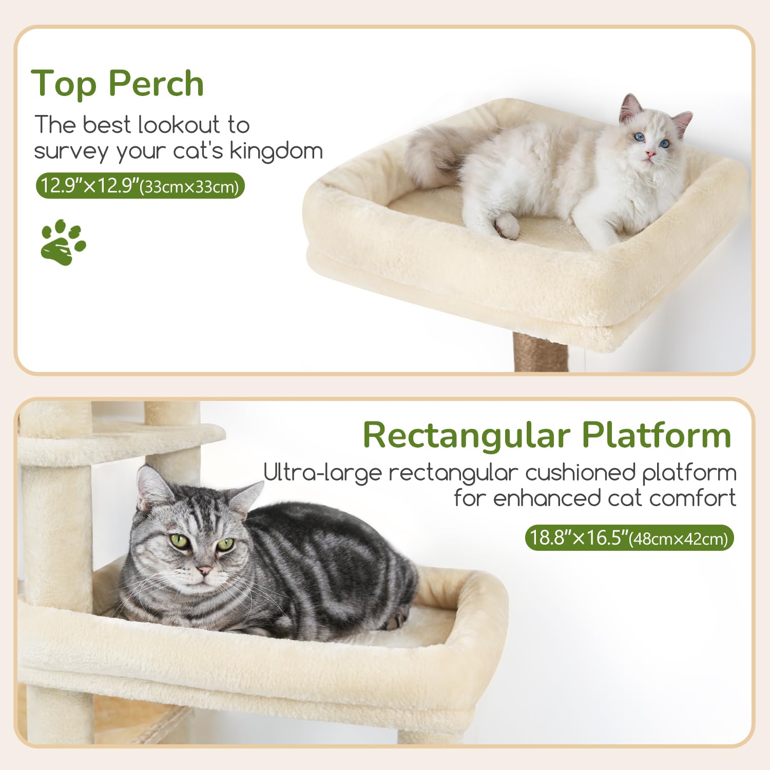 A cat resting comfortably on an enlarged, padded platform of the cat tree.