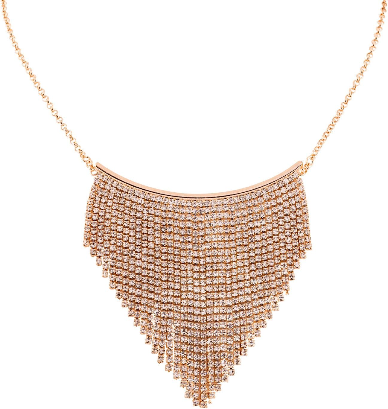 Women's Necklace, Statement Necklace, Metal Fringe, Waterfall Optics, Rhinestones, Gold Colored (362-313)