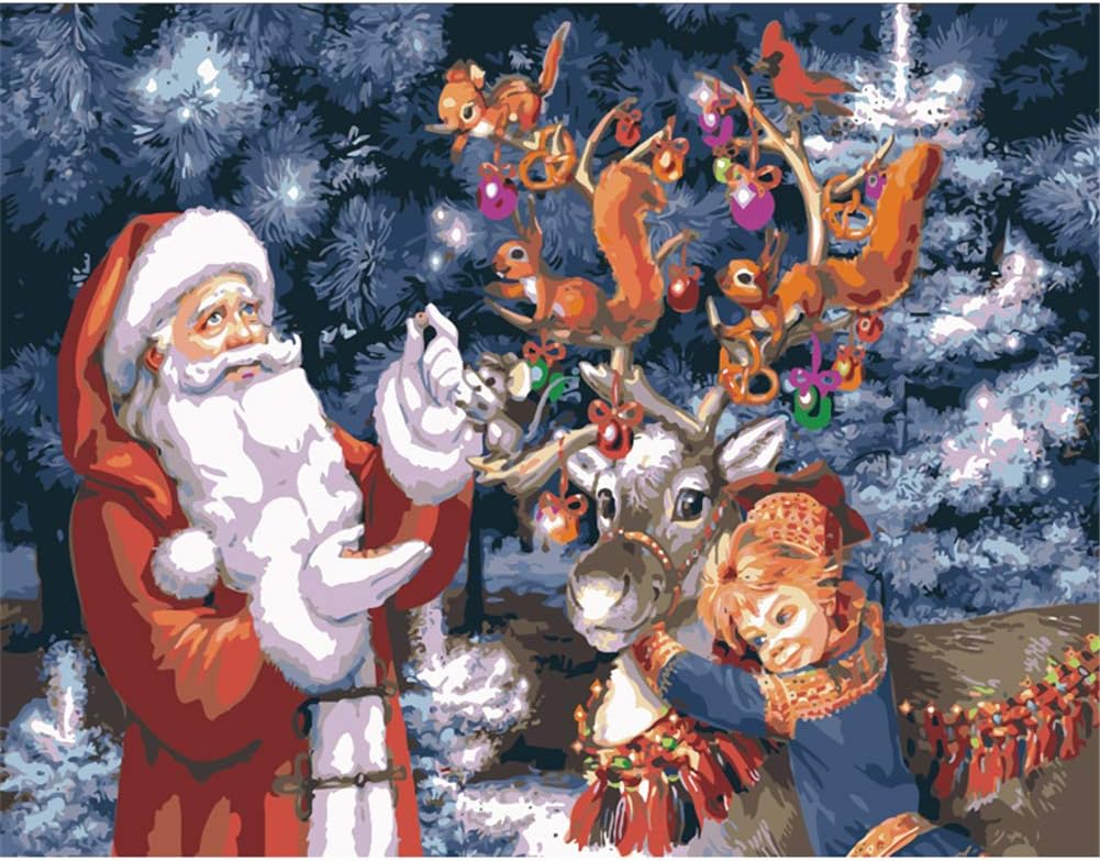 KANGDISON Santa Claus Kid Reindeer Squirrel Painting by Numbers for Adults, DIY Oil Paint by Number Kits Home Decor Wall Gift Painted for Painting Beginner 16 x 20inch / 40 x 50cm
