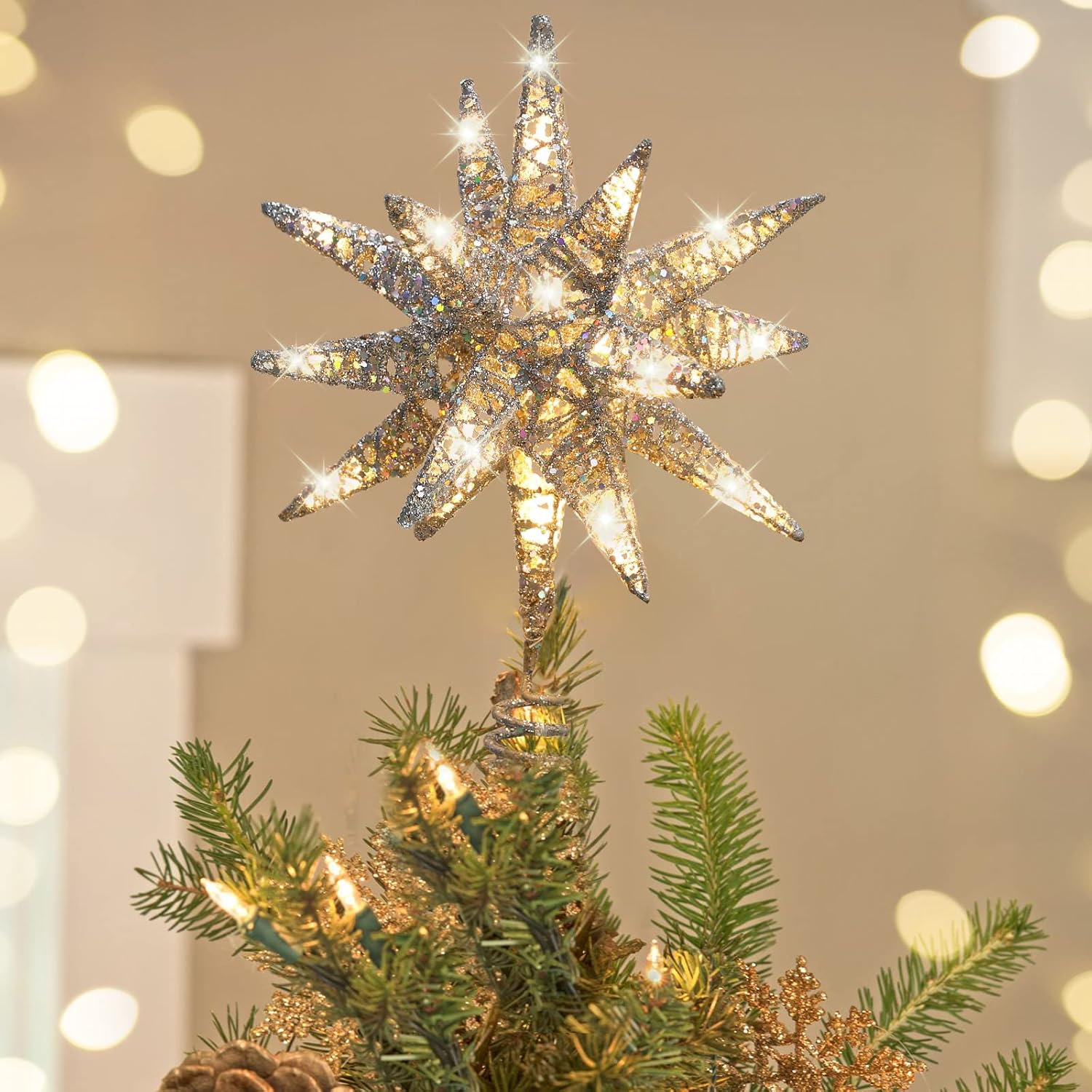 Tree Toppers - Luxspire Christmas Tree Topper, 3D Starburst Lighted Tree Topper, Plug in Christmas Star with Timer, Light Up Xmas Vintage/Modern Decorations for Holiday, Silver