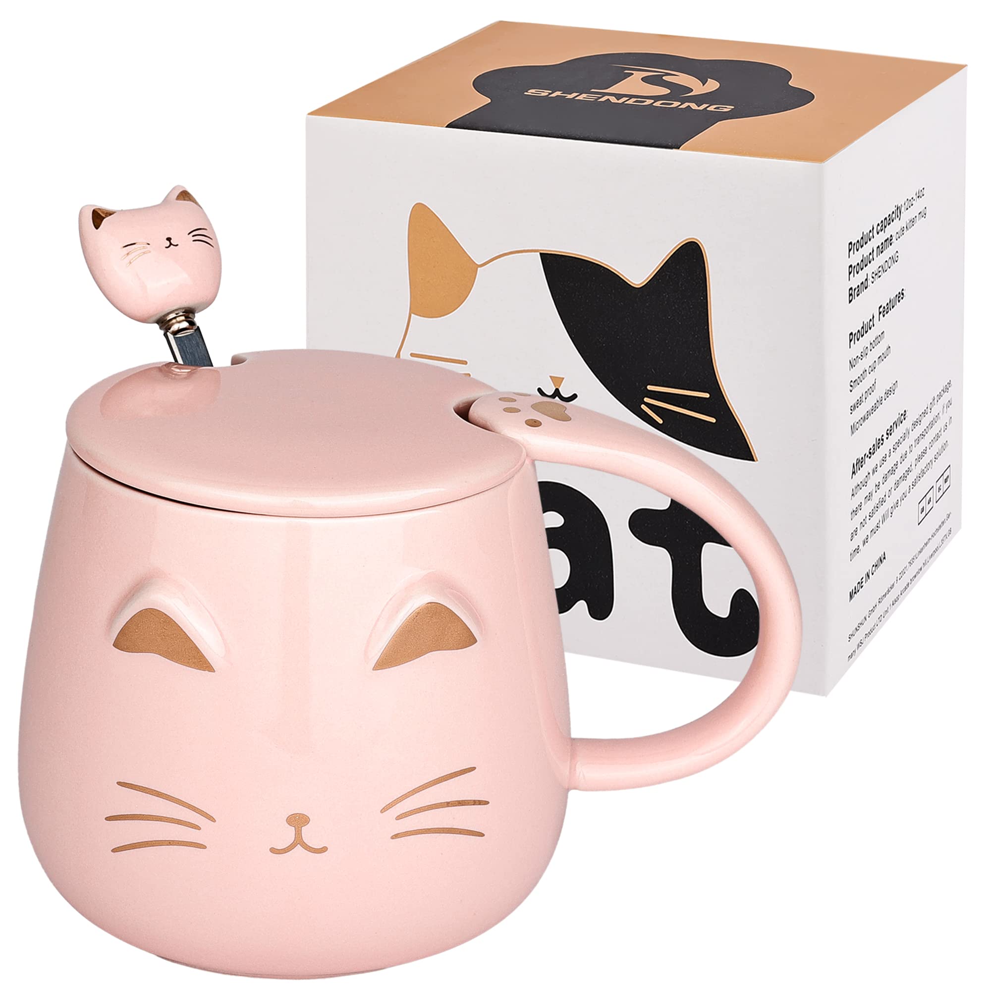 SHENDONG Pink Cat Mug Cute Ceramic Coffee Cup with Kawaii Lid and Lovely Stainless Steel Spoon Novelty Morning Cup Coffee Milk Tea Mugs - 3D Animal Mugs for Cat Lovers Women Gifts(Pink)