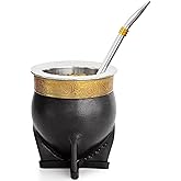 Cuopru Premium Argentina Imperial Yerba Mate Cup with Bombilla Mate (Straw) Set, Baroque Style, Leather Gourd, 304 Stainless Steel Inner (Black)