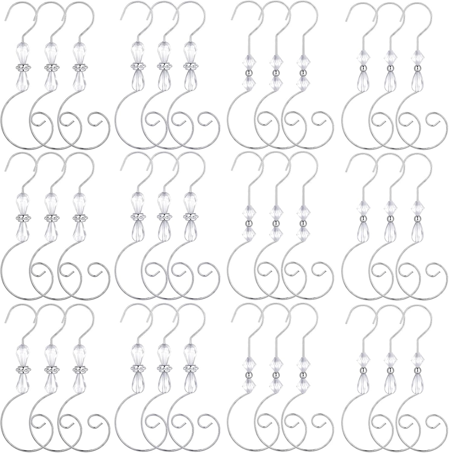 Ornament Hooks - Christmas Ornament Hook Acrylic Wire Ornament Hook Christmas Acrylic Ornament Hook for Christmas Tree Ornament Hanger, Home Decor, 4 Styles (Silver Hook, Transparent Bead, 36)