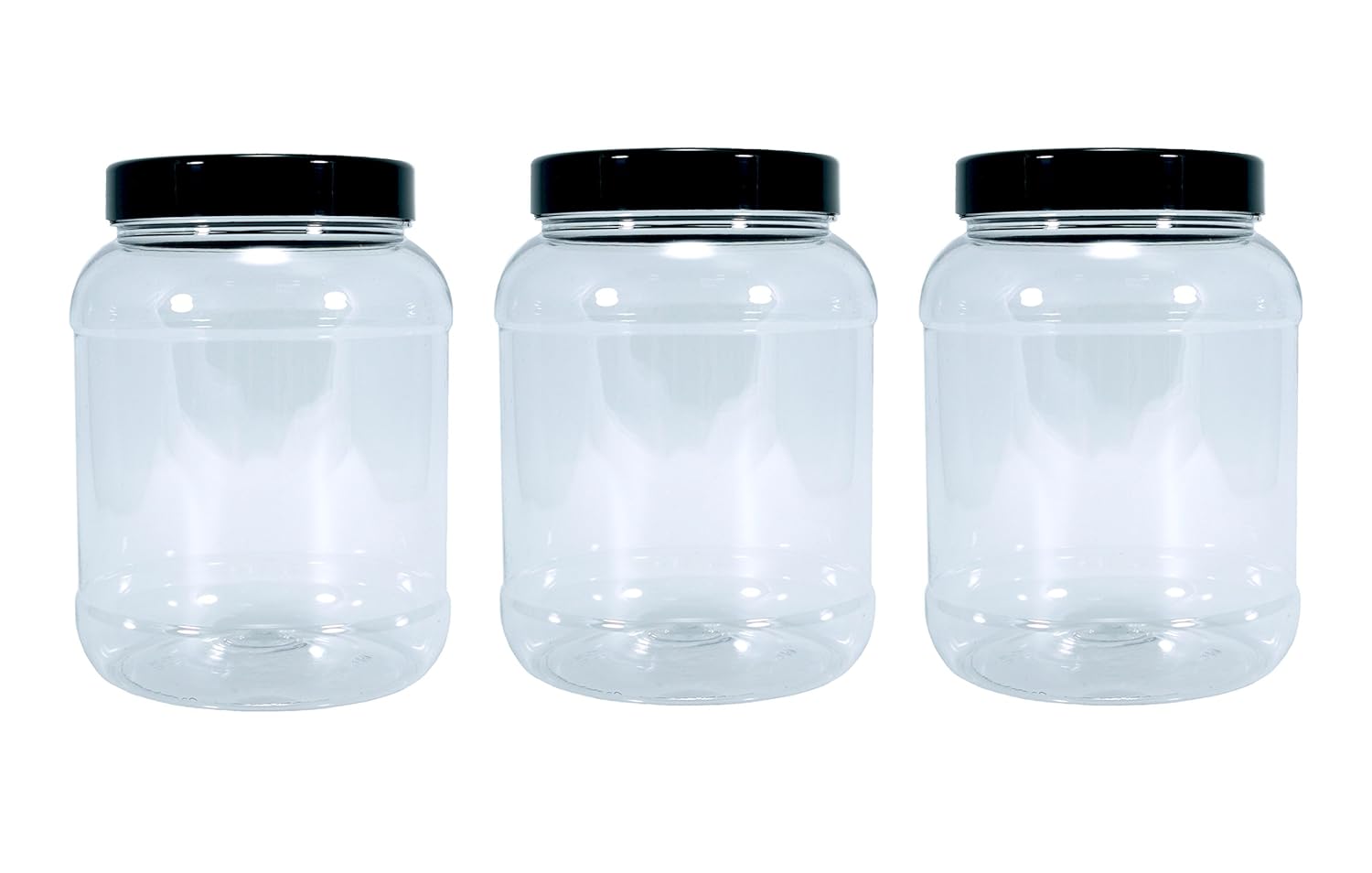 Pack of 3 Empty Clear Plastic Jars with Flat Black Screw TOP LIDS by