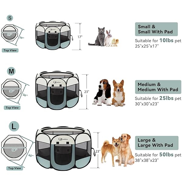 SIEDIHIT MEDIUM DOG CAT PLAYPEN, PUPPY PET PLAYPEN INDOOR FOR DOG CRATE TENT CAGE OUTDOOR, PORTABLE POP UP DOGS ENCLOSURE KENNEL WITH CARRYING CASE FOR DOGS/CATS/RABBITS (GREY WITH PAD, MEDIUM)