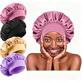 4Pcs Silk Satin Bonnets for Sleeping - Elastic Wide Band Wrap for Black Women Men,Silk Bonnets for Curly Hair Cap for Sleeping (Bean Paste Pink &amp; Black &amp; Purple &amp; Brown)
