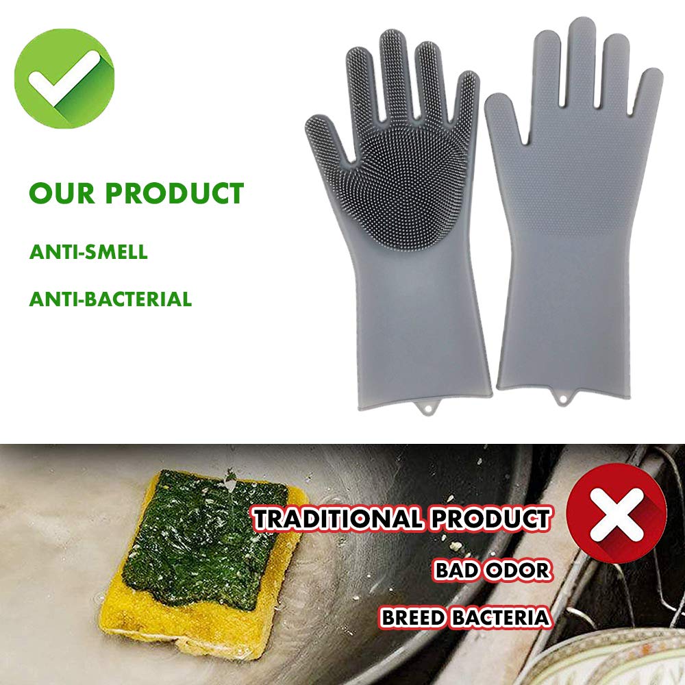Upgrade Magic Silicone Cleaning Gloves Dishwashing Scrubber, Reusable Brush Scrubber Gloves with Bristles, Heat Resistant, Multi-functional, Perfect for Dish washing, Kitchen, Bathroom, Car and More