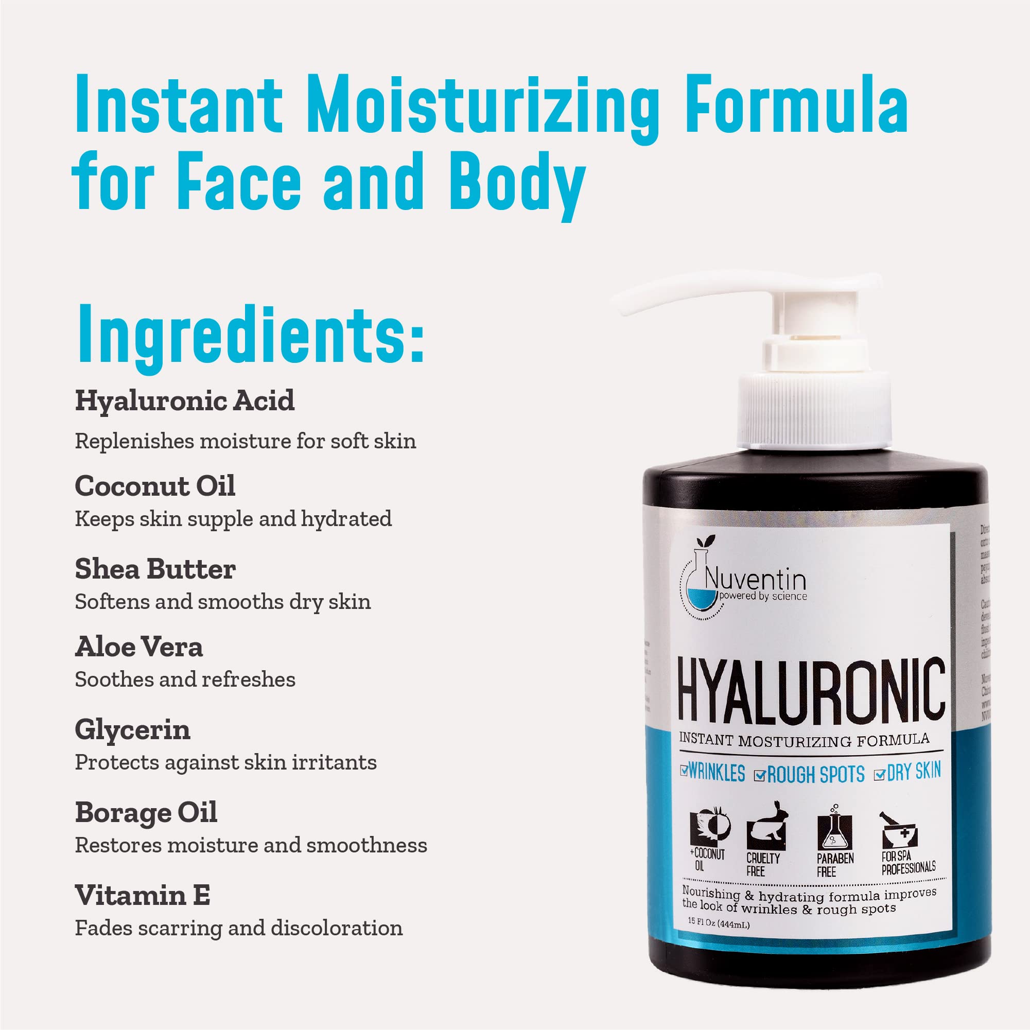 Nuventin Hyaluronic Acid Cream Face & Body Dry Skin Rescue Lotion W/Coconut Oil & Shea Butter, Anti Aging Skin Care Moisturizer Reduces Appearance Of Wrinkles, Fine Lines, & Sagging Skin, 15 Fl Oz