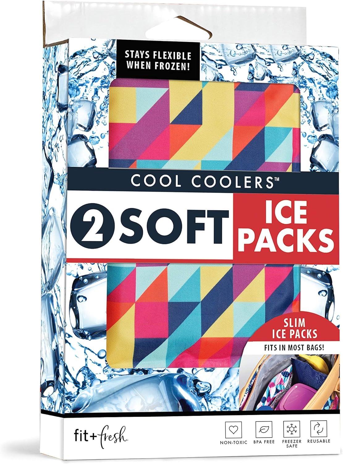 Cool Coolers by Fit & Fresh 2 Pack Soft Ice, Flexible Stretch Nylon Reusable Ice Packs for Lunch Boxes & Coolers, Prism & Cobalt