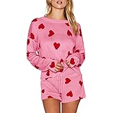 Saodimallsu Womens Valentine's Day Pajama Sets Hearts Print Lounge Set Long Sleeve Sweater and Shorts 2 Piece Outfits