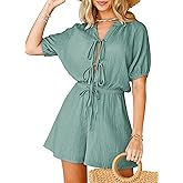 Fixmatti Women Summer Romper - Self Tie V Neck Casual Jumpsuit